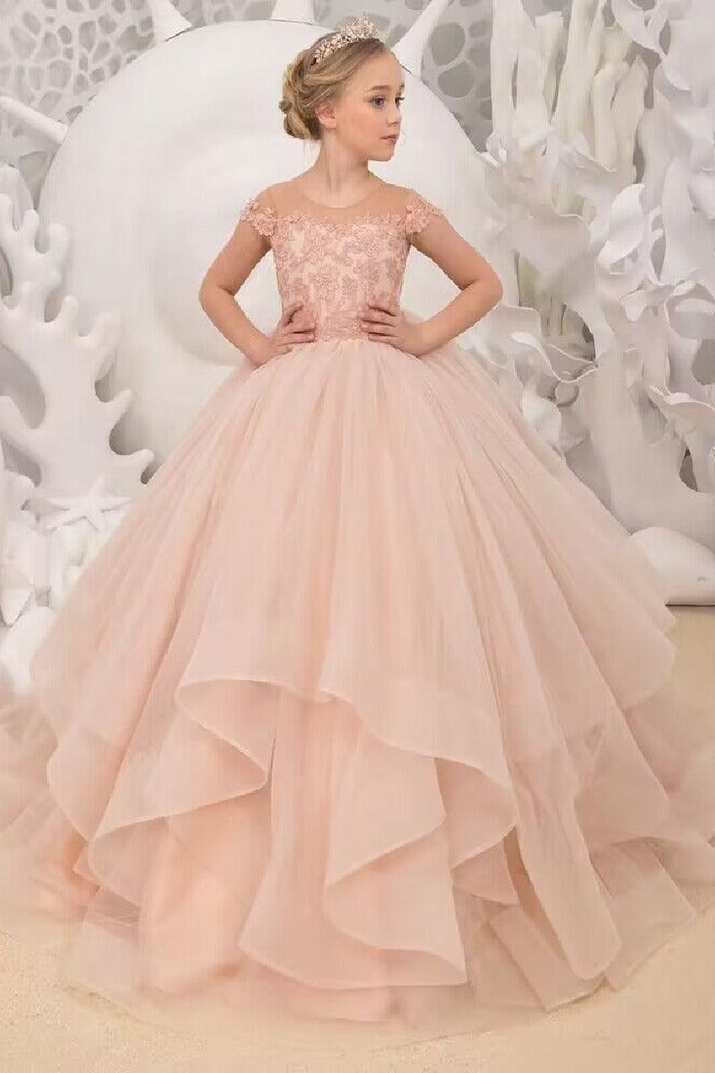 A-Line Illusion Cap Sleeve Ruffle Tulle Sweep-Brush Train Flower Girl Dresses 709465104920 - 10 Days / As Picture / 2 - COCOMELODY